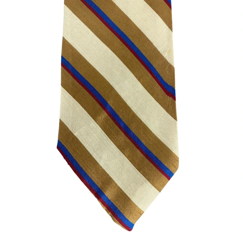 Whaling's Mens Silk Tie Gold Cream Blue Burgundy Striped Professional 57x4